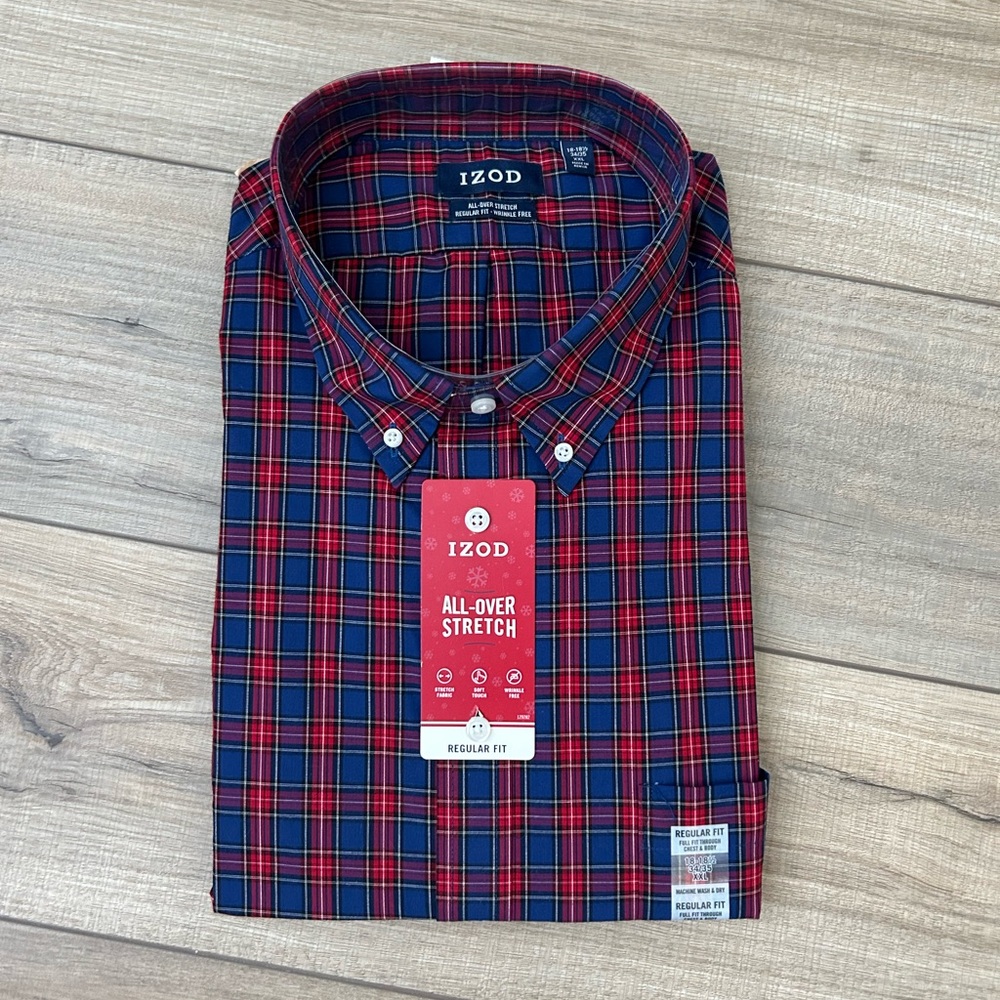 NWT Izod Men's Red and Navy Plaid Button Down Shirt - Size XXL 18-18.5 34/35 - Picture 6 of 12
